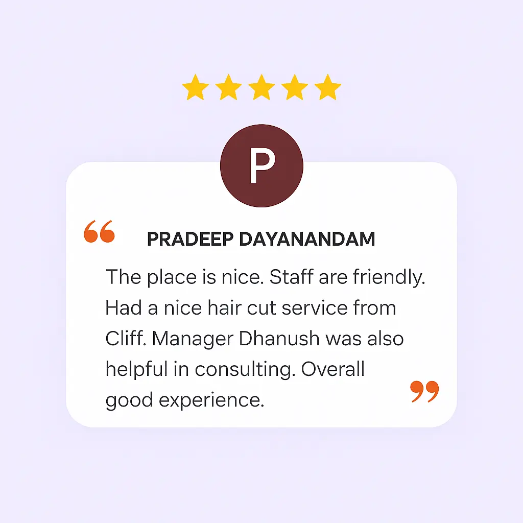 Vk empire spa and saloon in thoraipakkam user review - The place is nice. Staff are friendly. Had a nice hair cut service from Cliff. Manager Dhanush was also helpful in consulting. Overall good experien